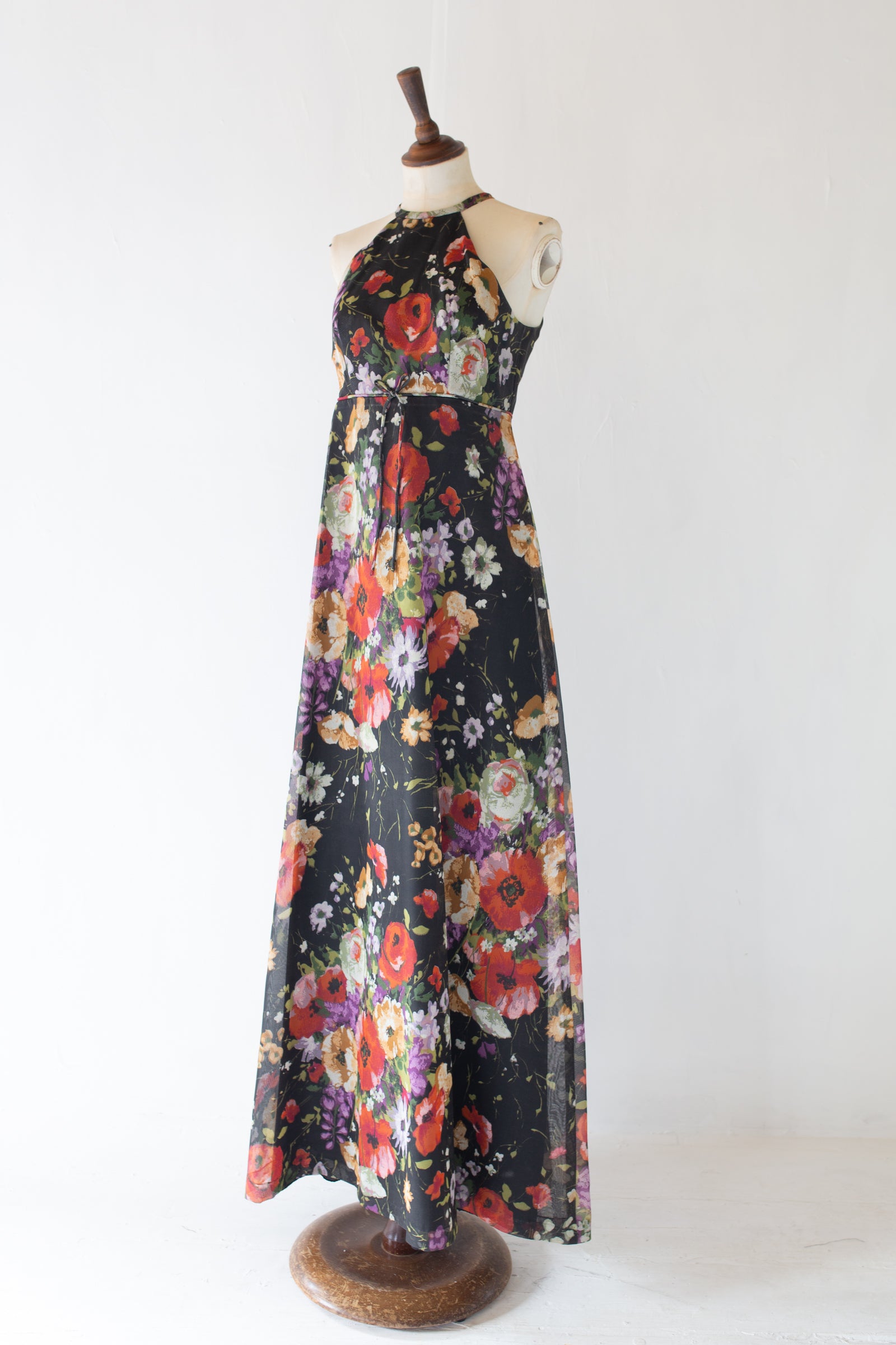 Vintage 1970s Black Rose Floral Chiffon Maxi Dress
