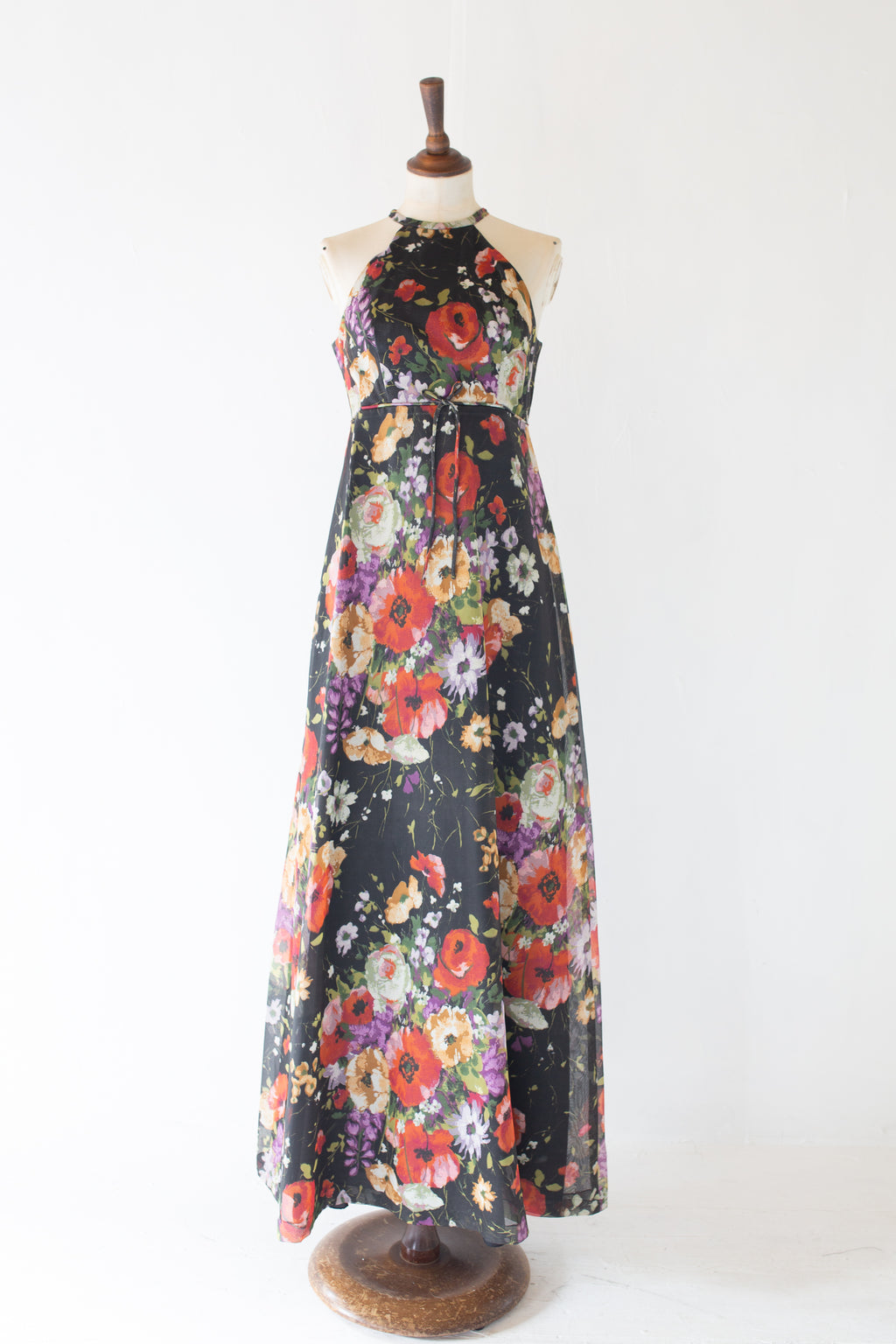 vintage 1970s black floral print halter maxi dress