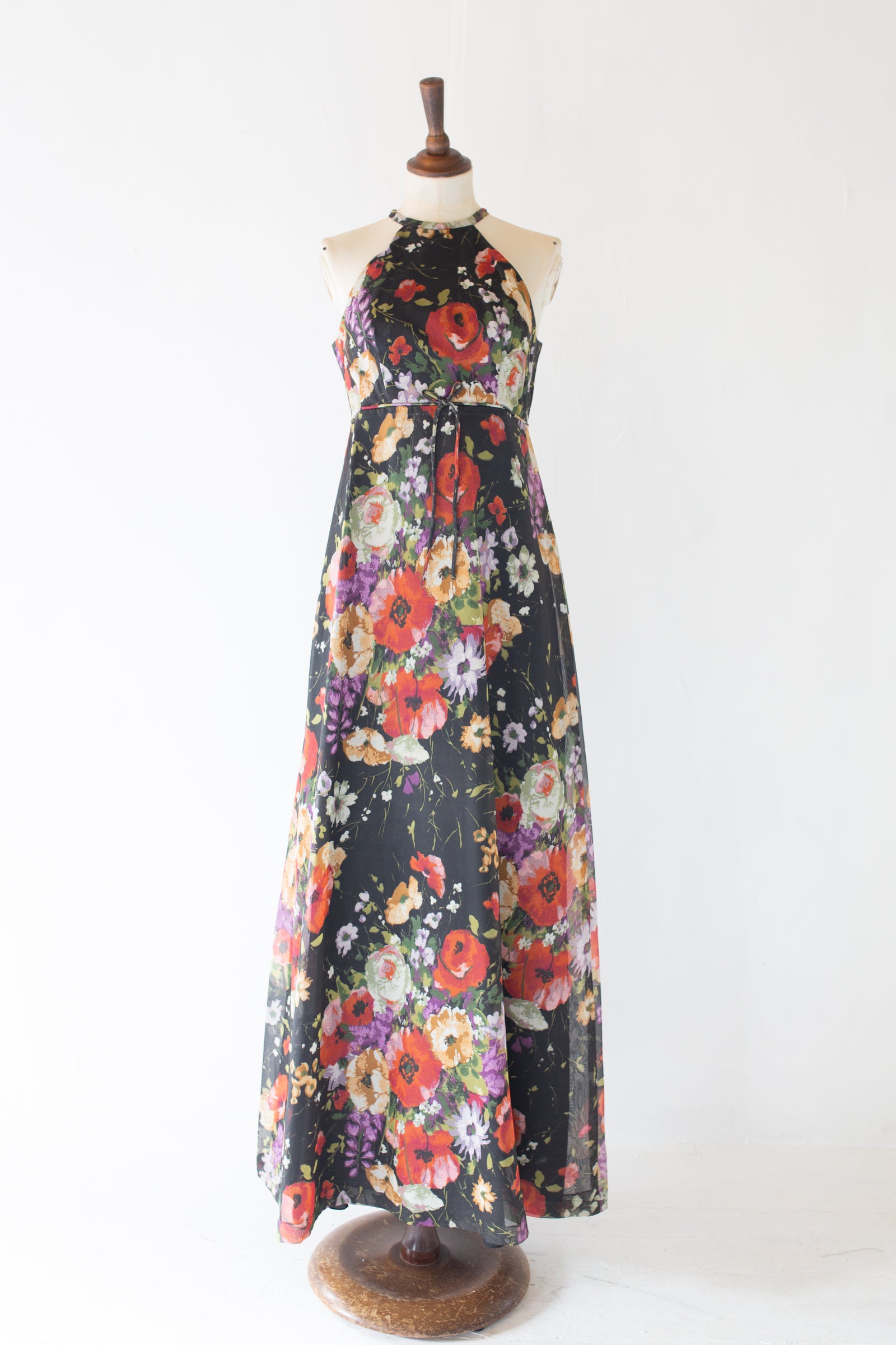 vintage 1970s black floral print halter maxi dress