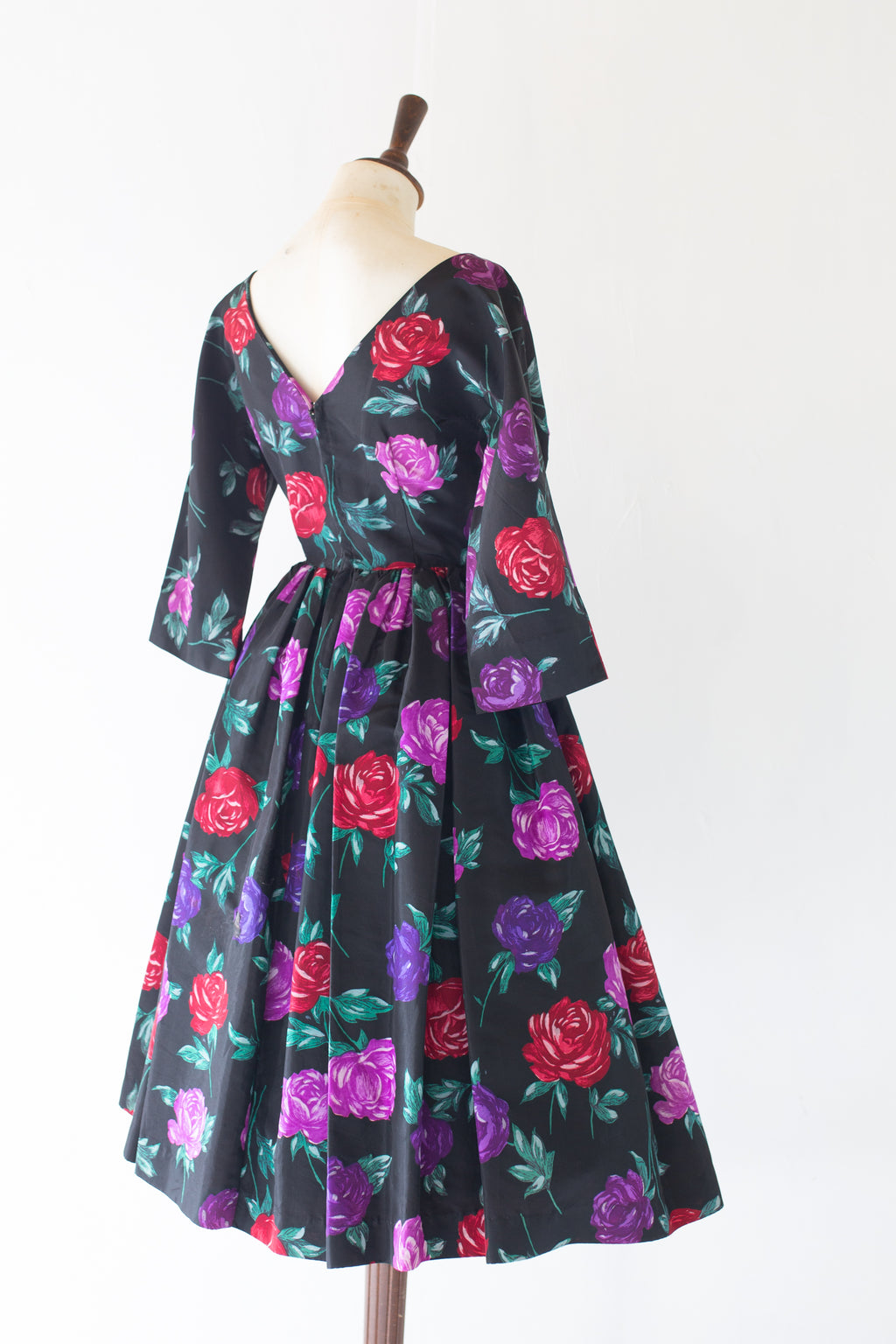 vintage 1950s black rose taffeta cocktail dress 