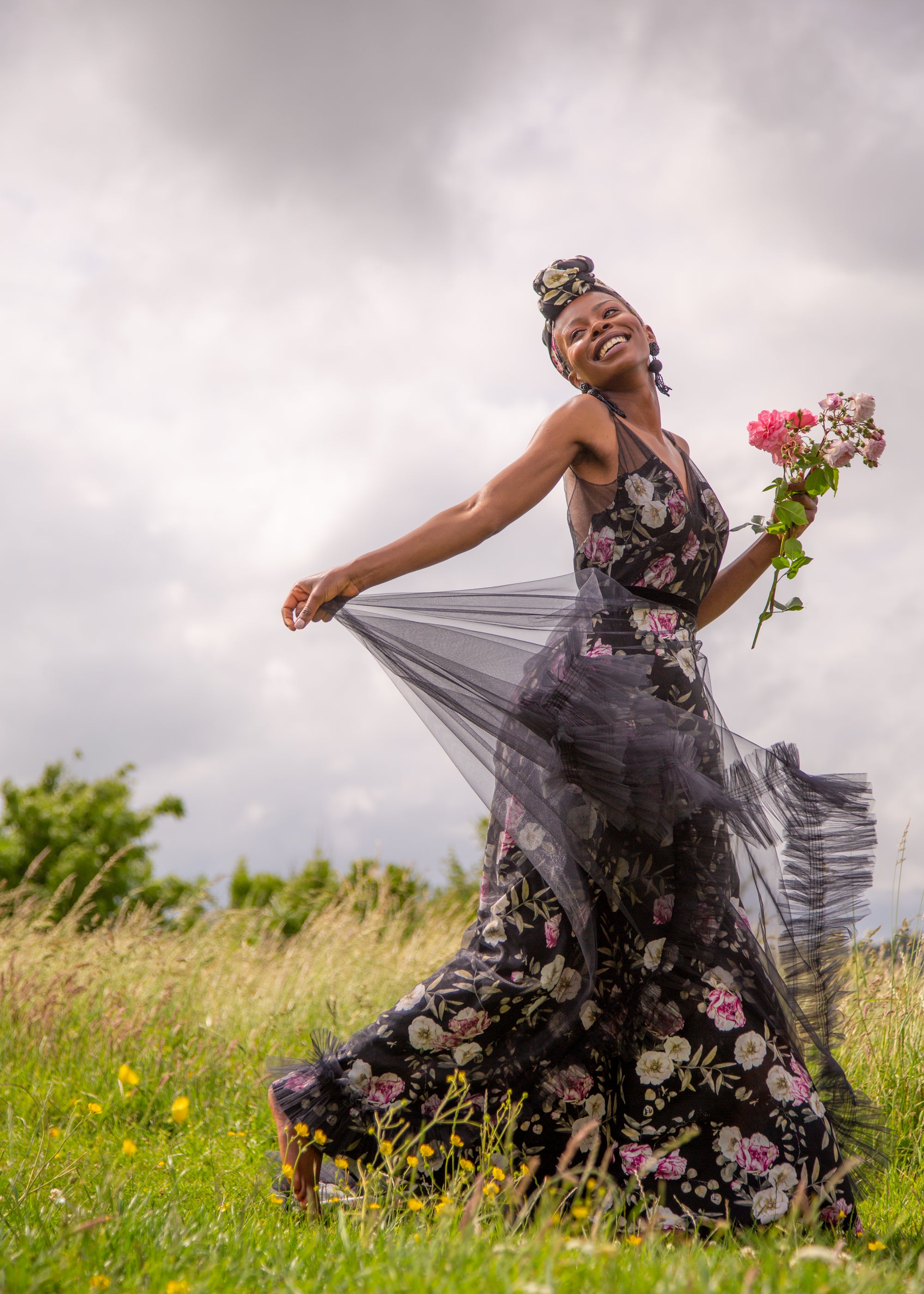 Titania Rose - Black Linen Tulle Gown