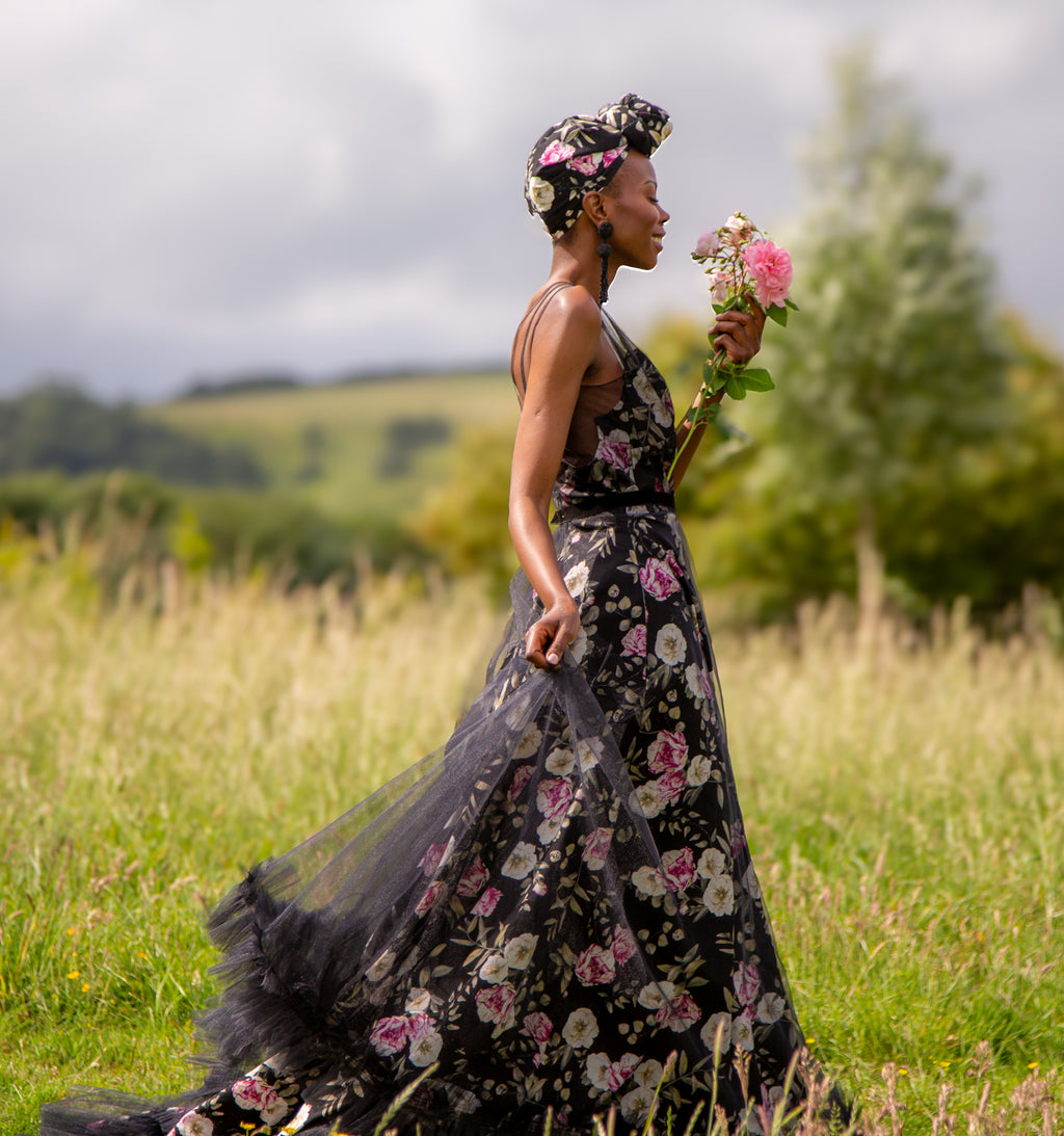 Titania Rose - Black Linen Tulle Gown