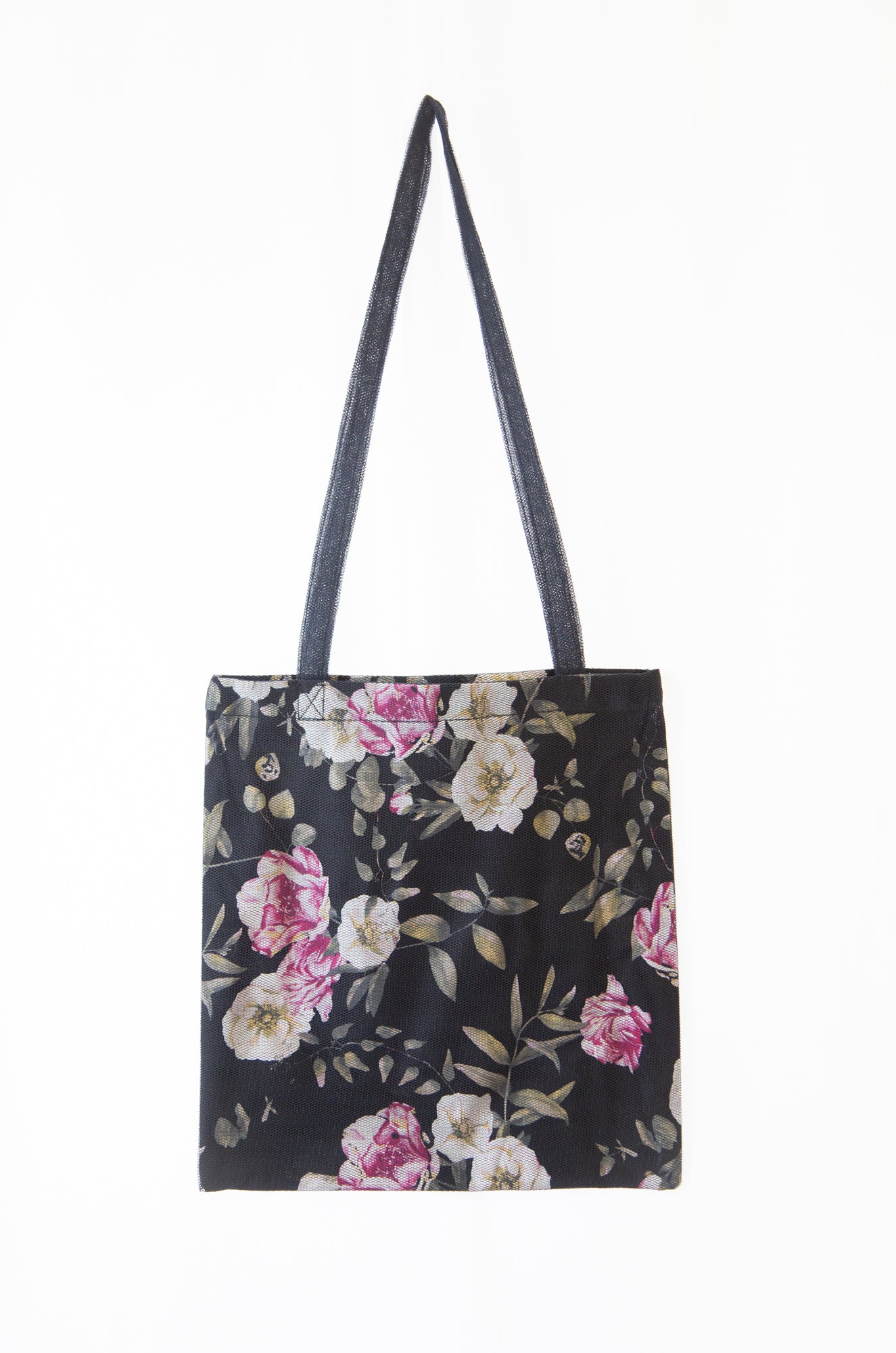 rose print linen tote bag with tulle overlay by alexandra king