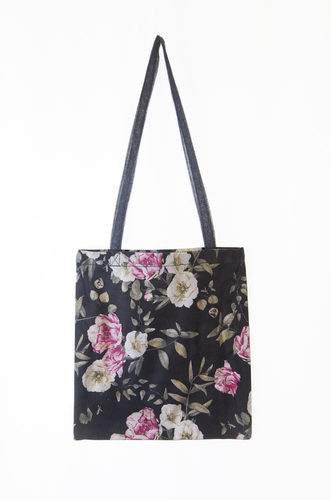 rose print linen tote bag with tulle overlay by alexandra king