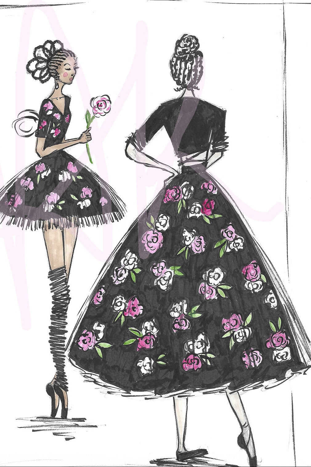 Illustration of a woman wearing a floral dress with 'Les Sylphides de la Rose' text.