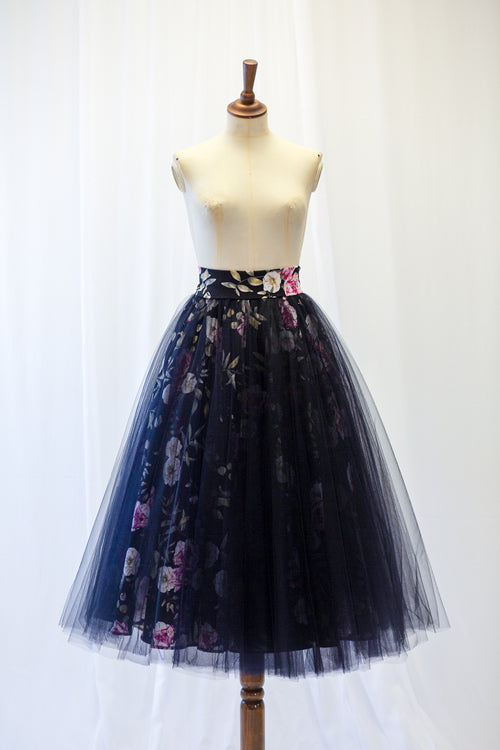 Black floral linen and tulle ballerina midi skirt by Alexandra King