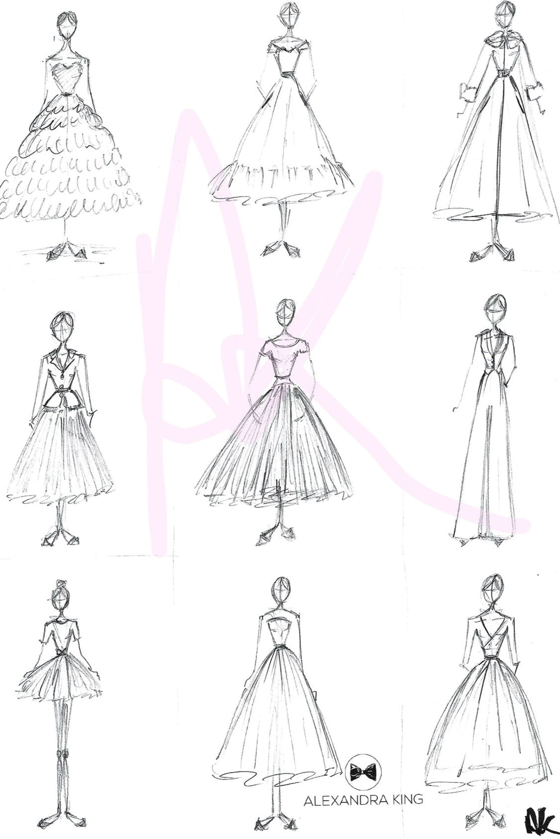 Fashion sketches of various dresses by Alexandra King