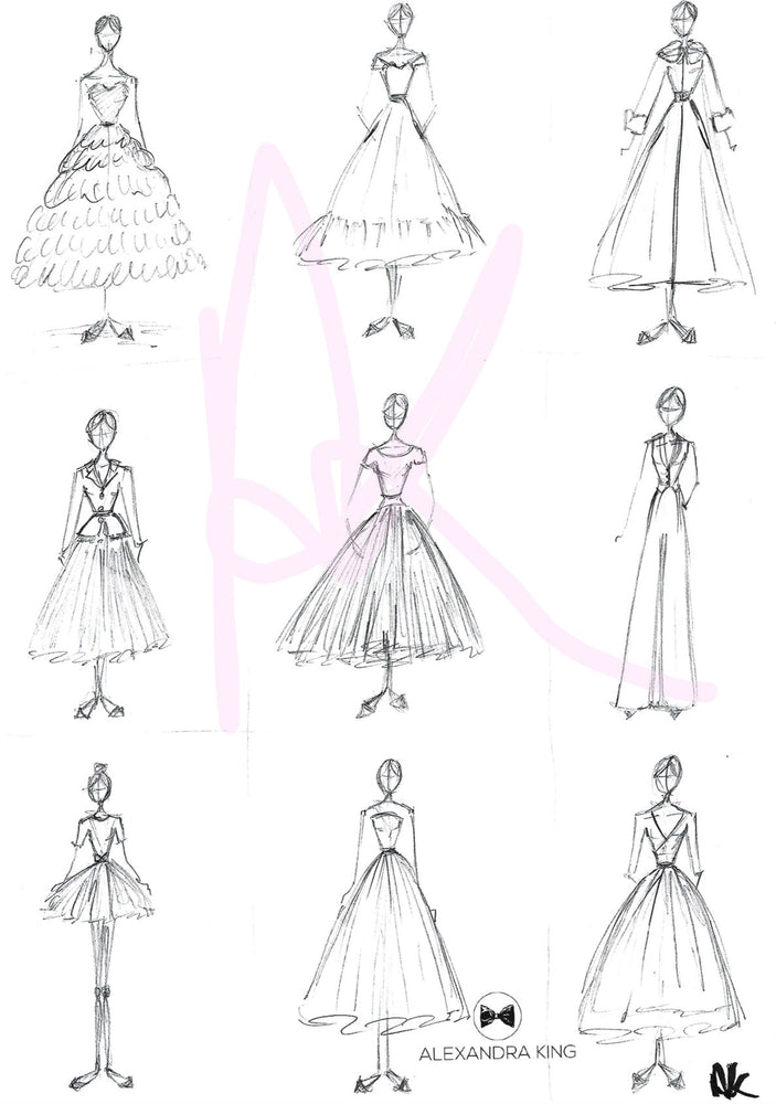 Fashion sketches of various dresses by Alexandra King