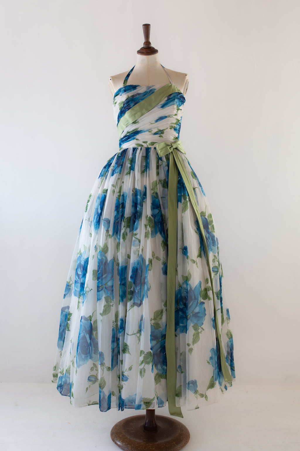 Vintage 1950s Blue Rose Ballgown Dress