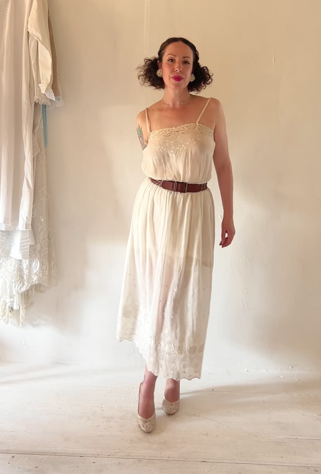 Antique Off White Embroidered Cotton Voile Midi Skirt