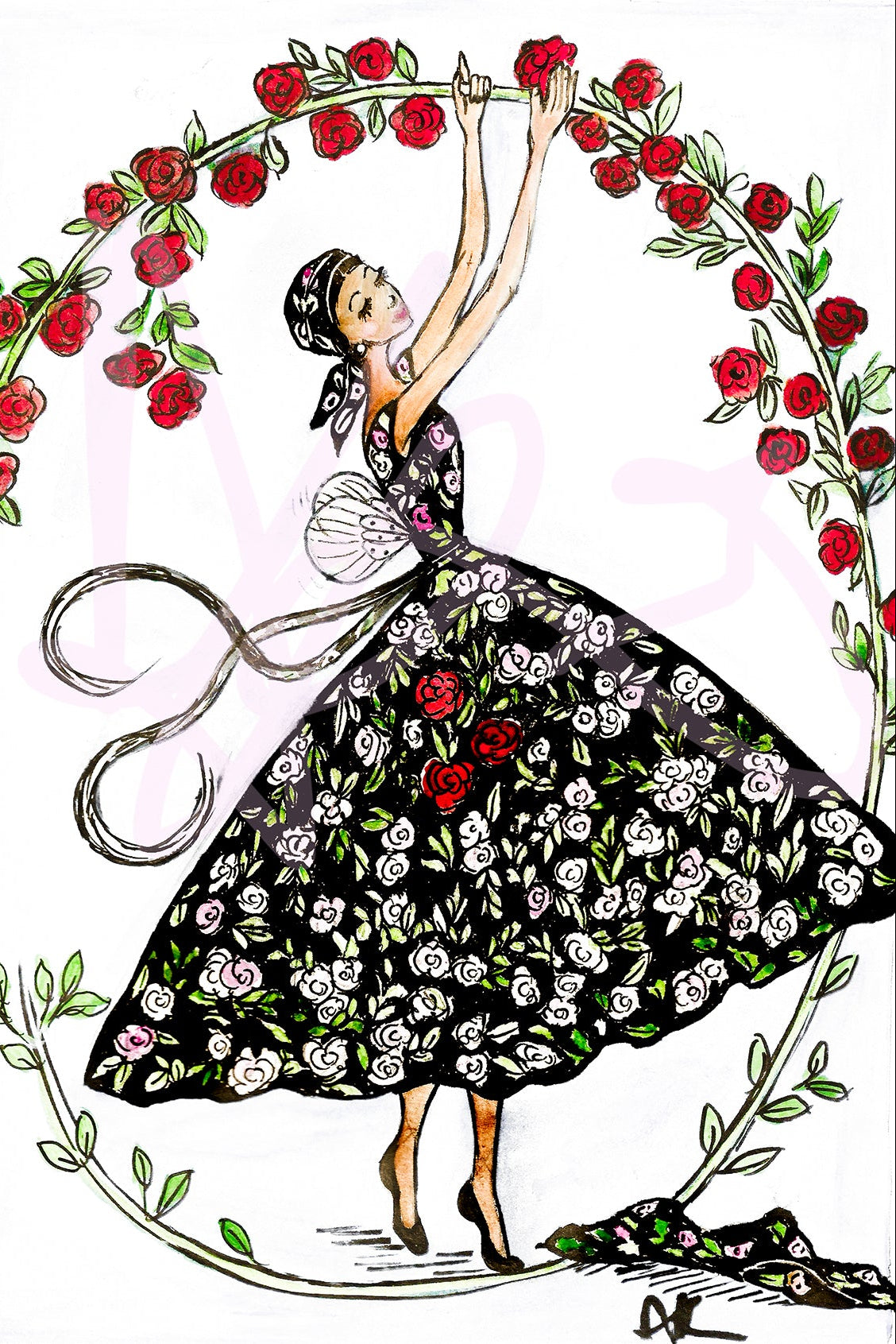Illustration of a ballerina in a floral dress surrounded by red roses.