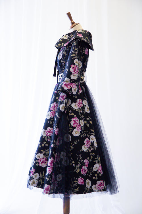 Black Floral Linen and Tulle Swing Coat