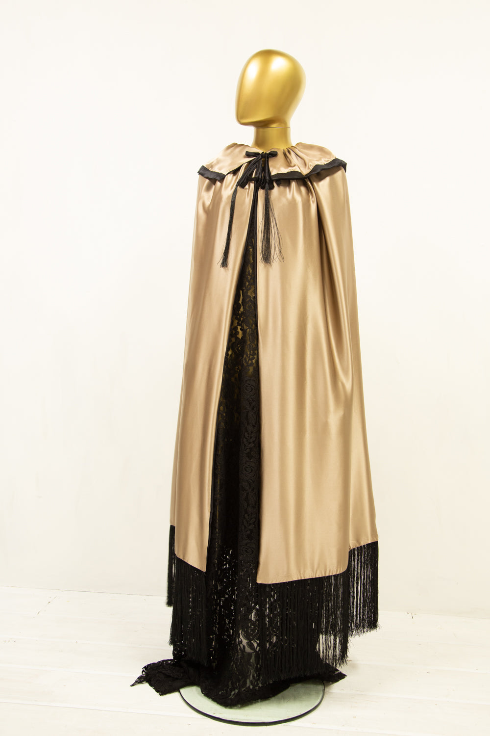 Silk Satin Fringed Opera Cape Black / Gold