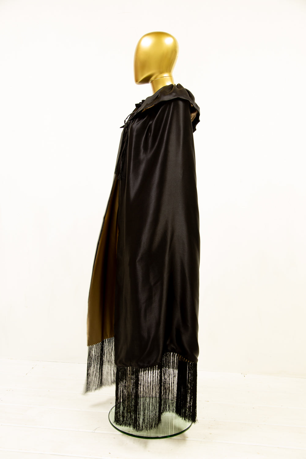 Silk Satin Fringed Opera Cape Black / Gold