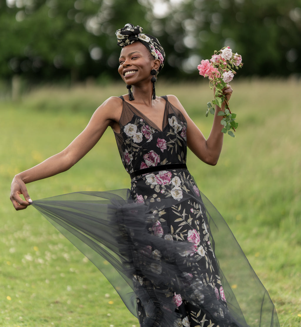 Titania Rose - Black Linen Tulle Gown