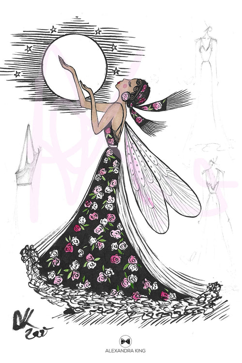 Artistic illustration of a woman in a floral dress with wings, holding a moon, in a stylized design.