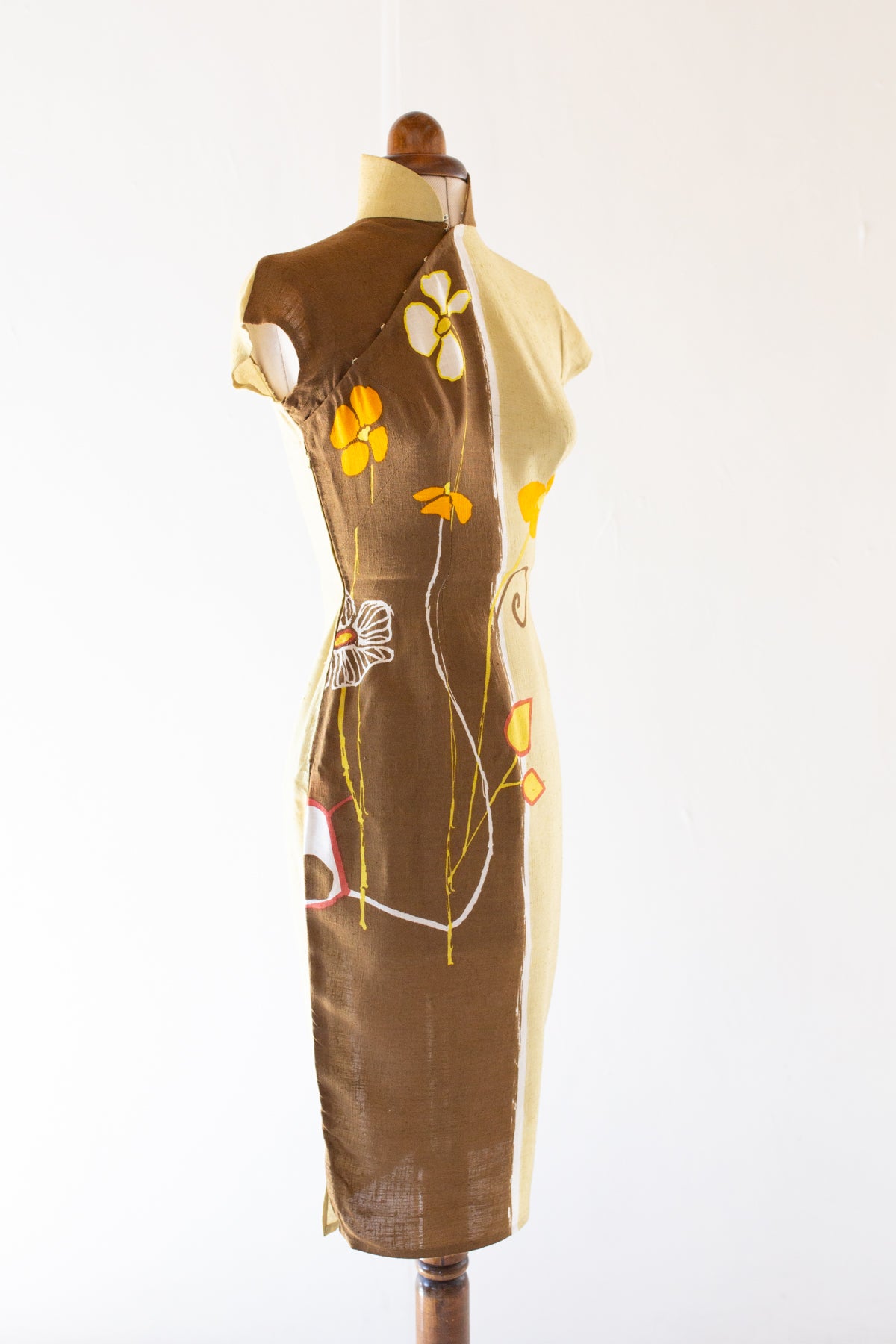 vintage 1950s screen printed qipao cheongsam screen printed linen dress