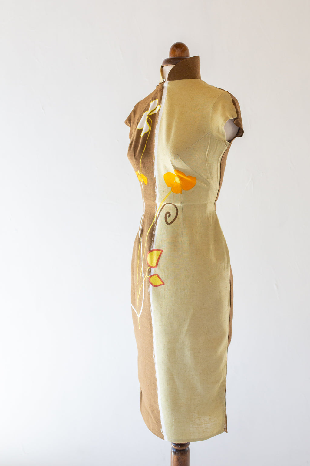 vintage 1950s screen printed qipao cheongsam screen printed linen dress