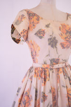 Vintage 1950s Apricot Rose Taffeta Dress