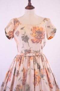 Vintage 1950s Apricot Rose Taffeta Dress