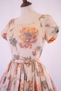 Vintage 1950s Apricot Rose Taffeta Dress