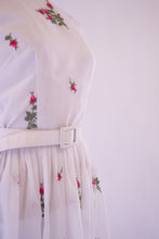 Vintage 1950s White Embroidered Muslin Rose Dress