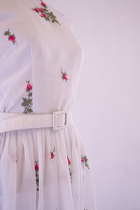 Vintage 1950s White Embroidered Muslin Rose Dress