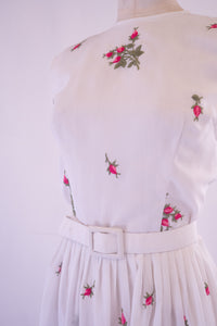 Vintage 1950s White Embroidered Muslin Rose Dress