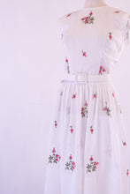 Vintage 1950s White Embroidered Muslin Rose Dress