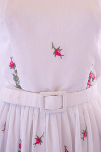 Vintage 1950s White Embroidered Muslin Rose Dress