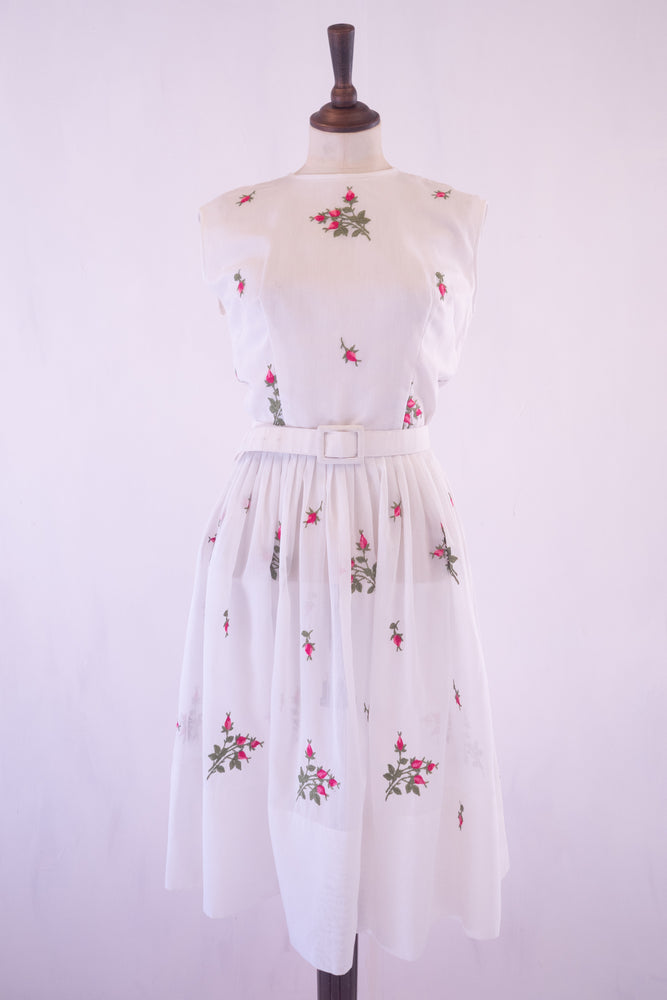 Vintage 1950s White Embroidered Muslin Rose Dress
