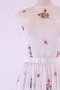 Vintage 1950s White Embroidered Muslin Rose Dress