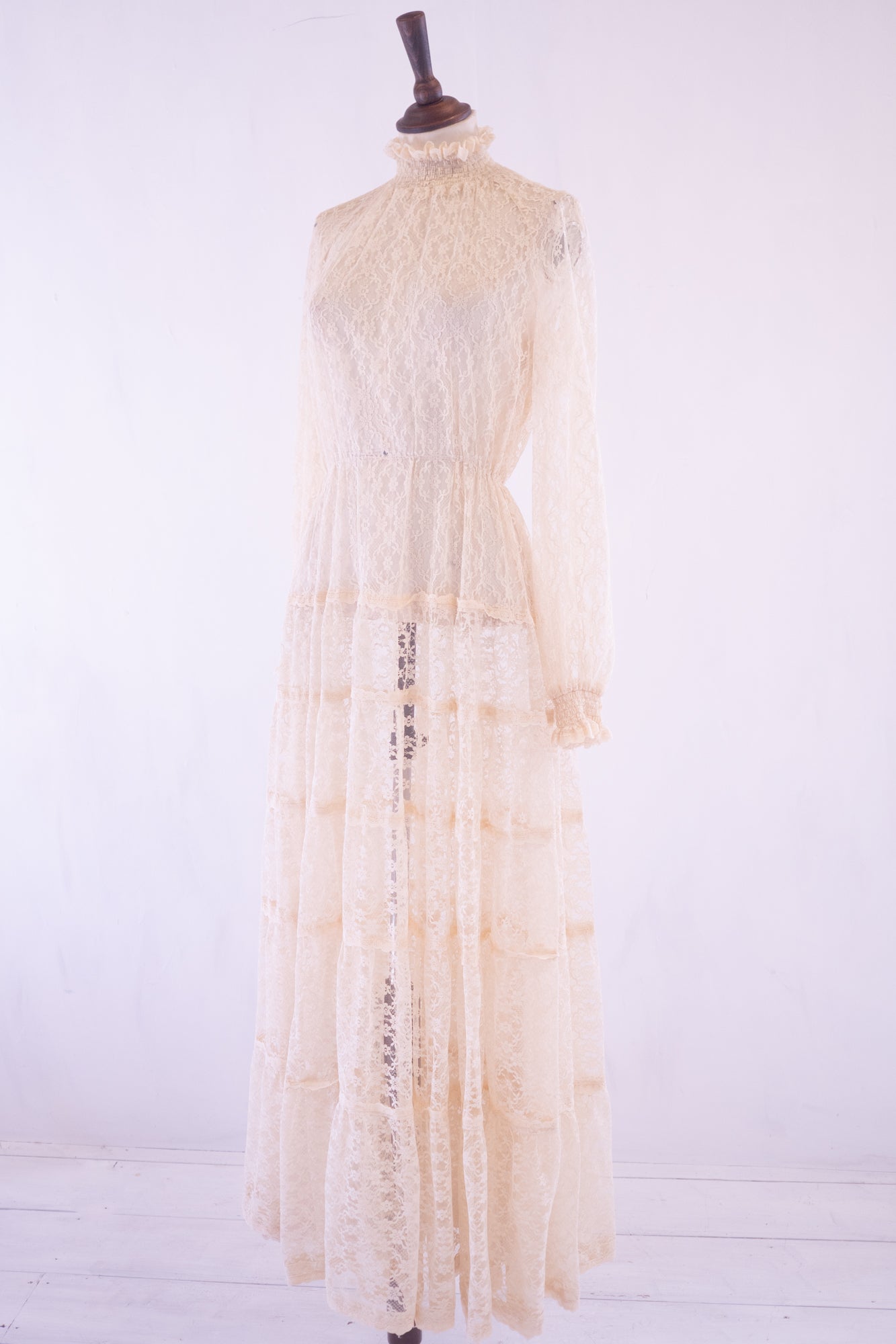 vintage 1970s cream lace sheer maxi wedding dress