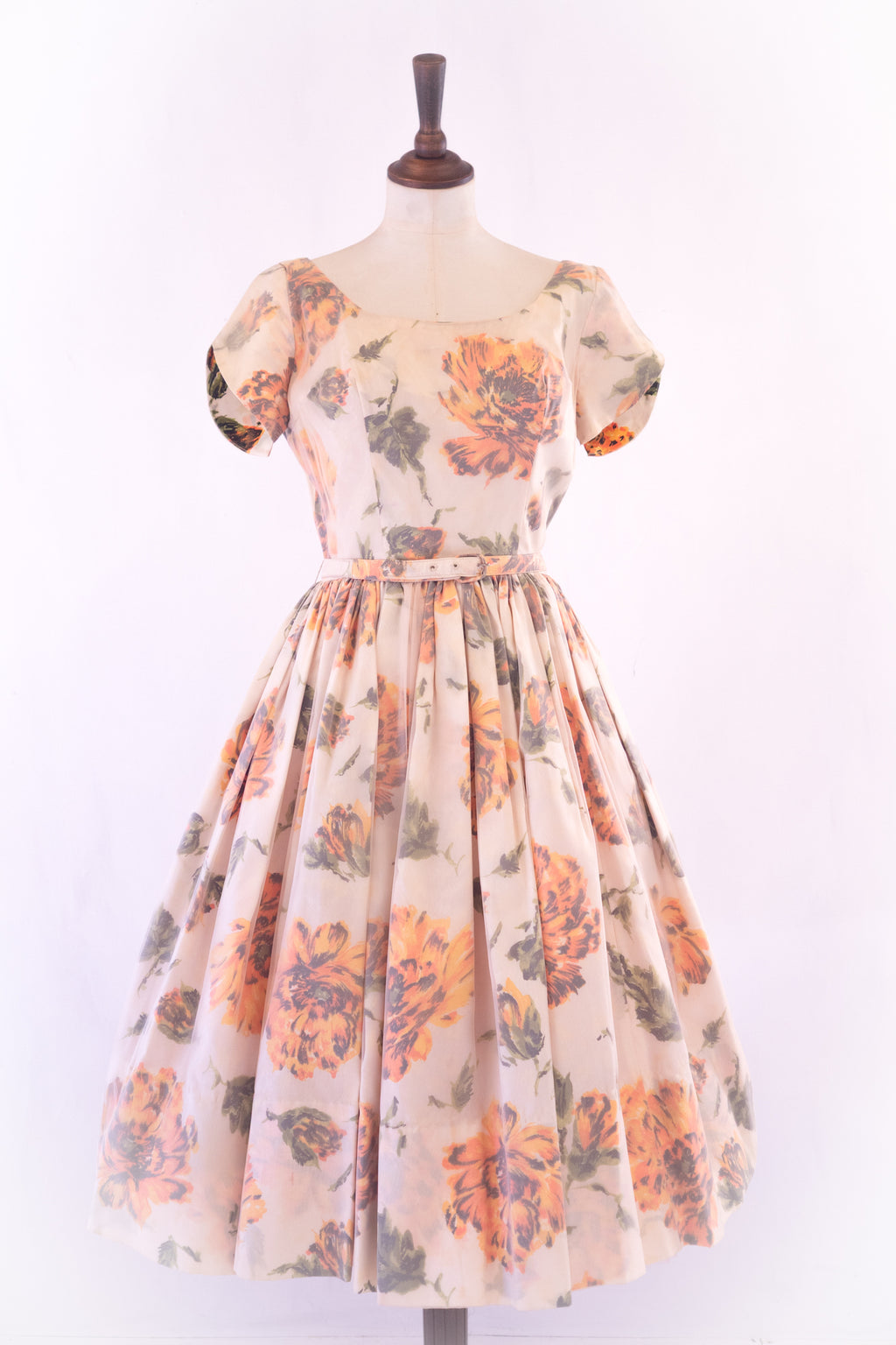 Vintage 1950s Apricot Rose Taffeta Dress