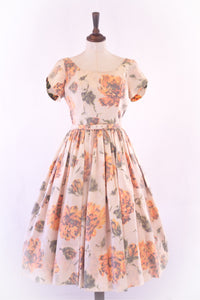 Vintage 1950s Apricot Rose Taffeta Dress