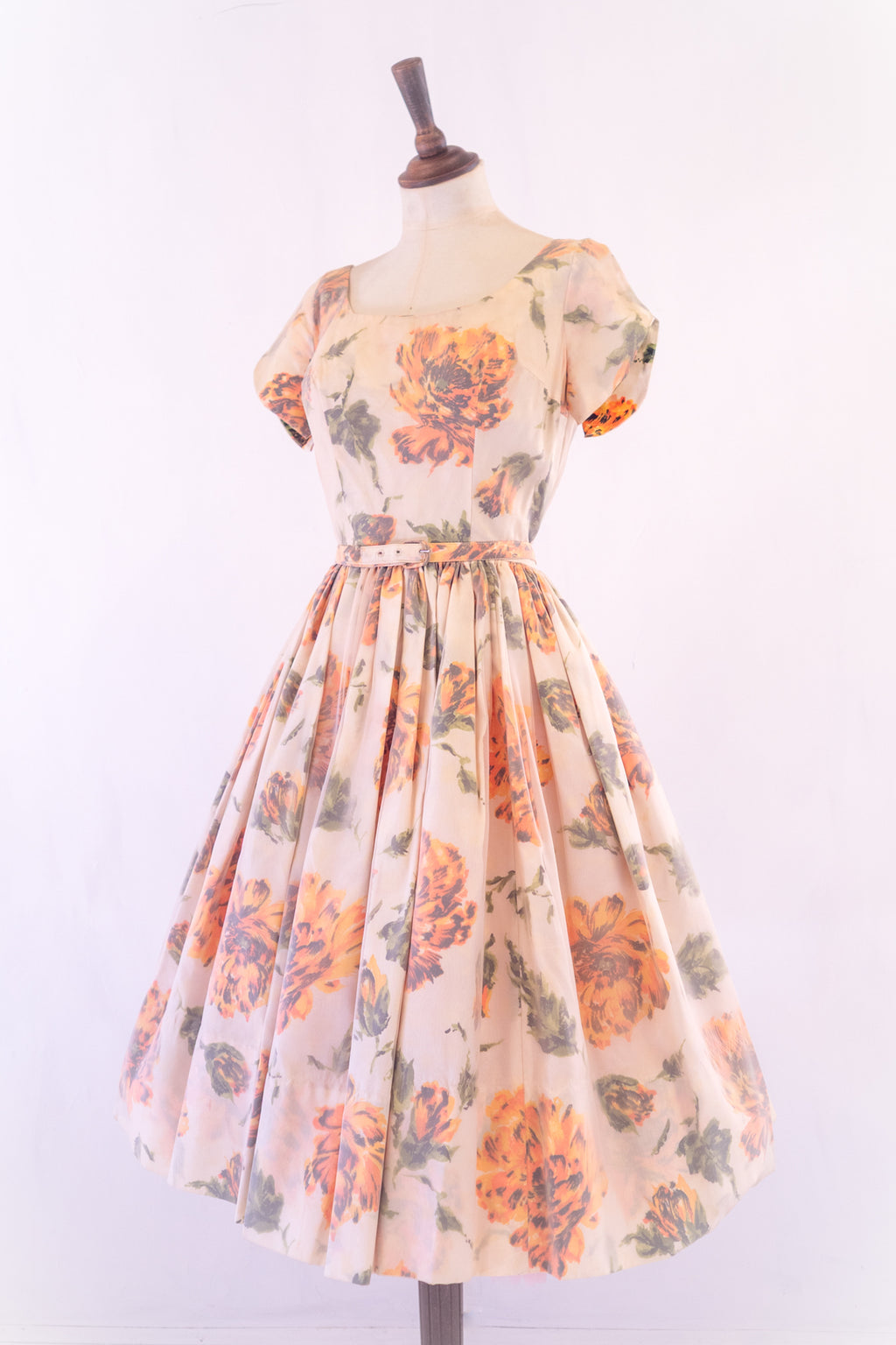 Vintage 1950s Apricot Rose Taffeta Dress