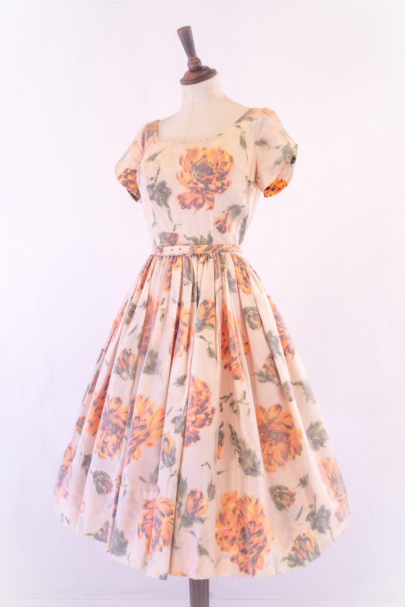 Vintage 1950s Apricot Rose Taffeta Dress
