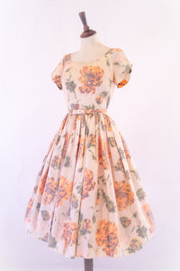 Vintage 1950s Apricot Rose Taffeta Dress