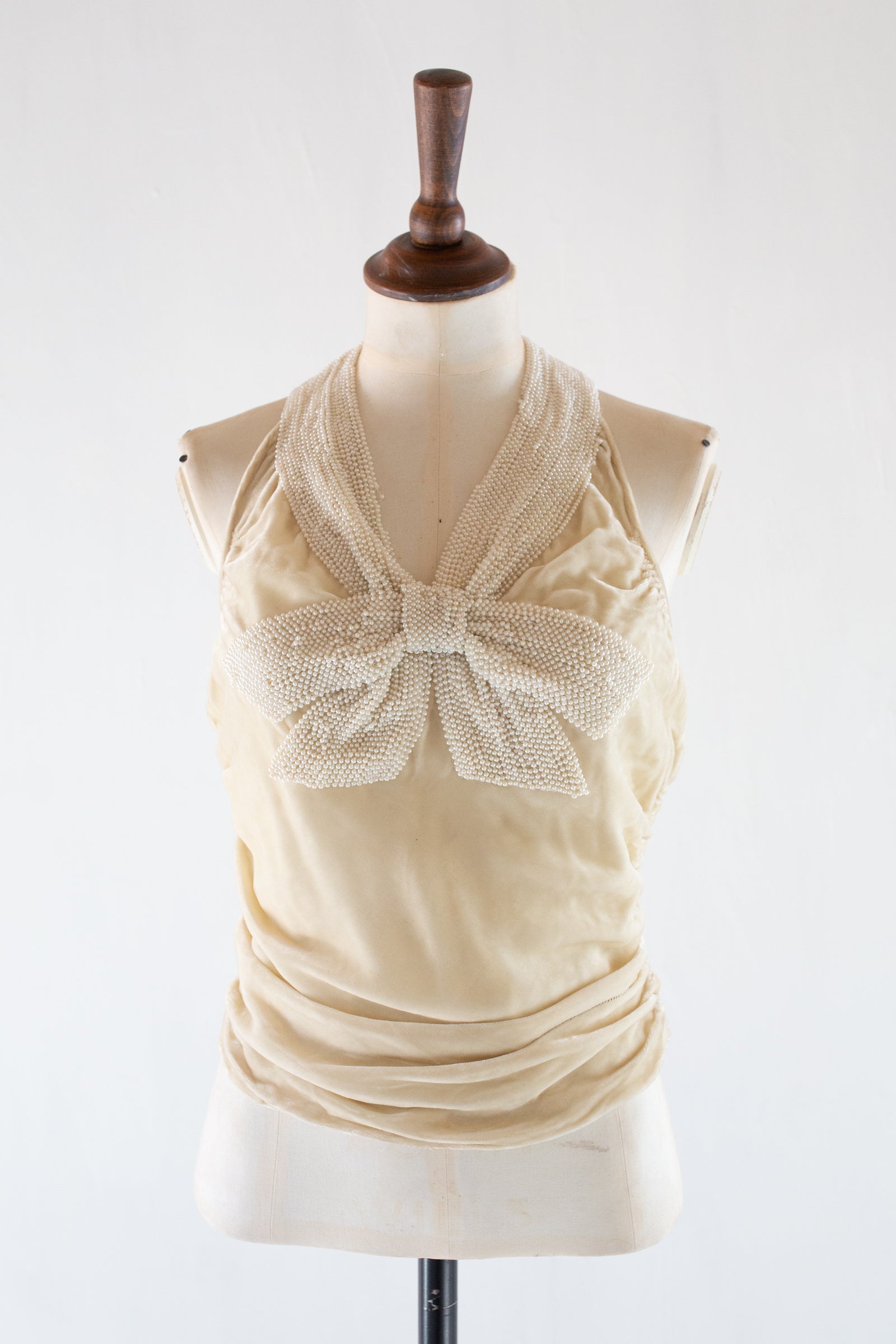 Vintage 1930s Ivory Silk Velvet Beaded Bow Top