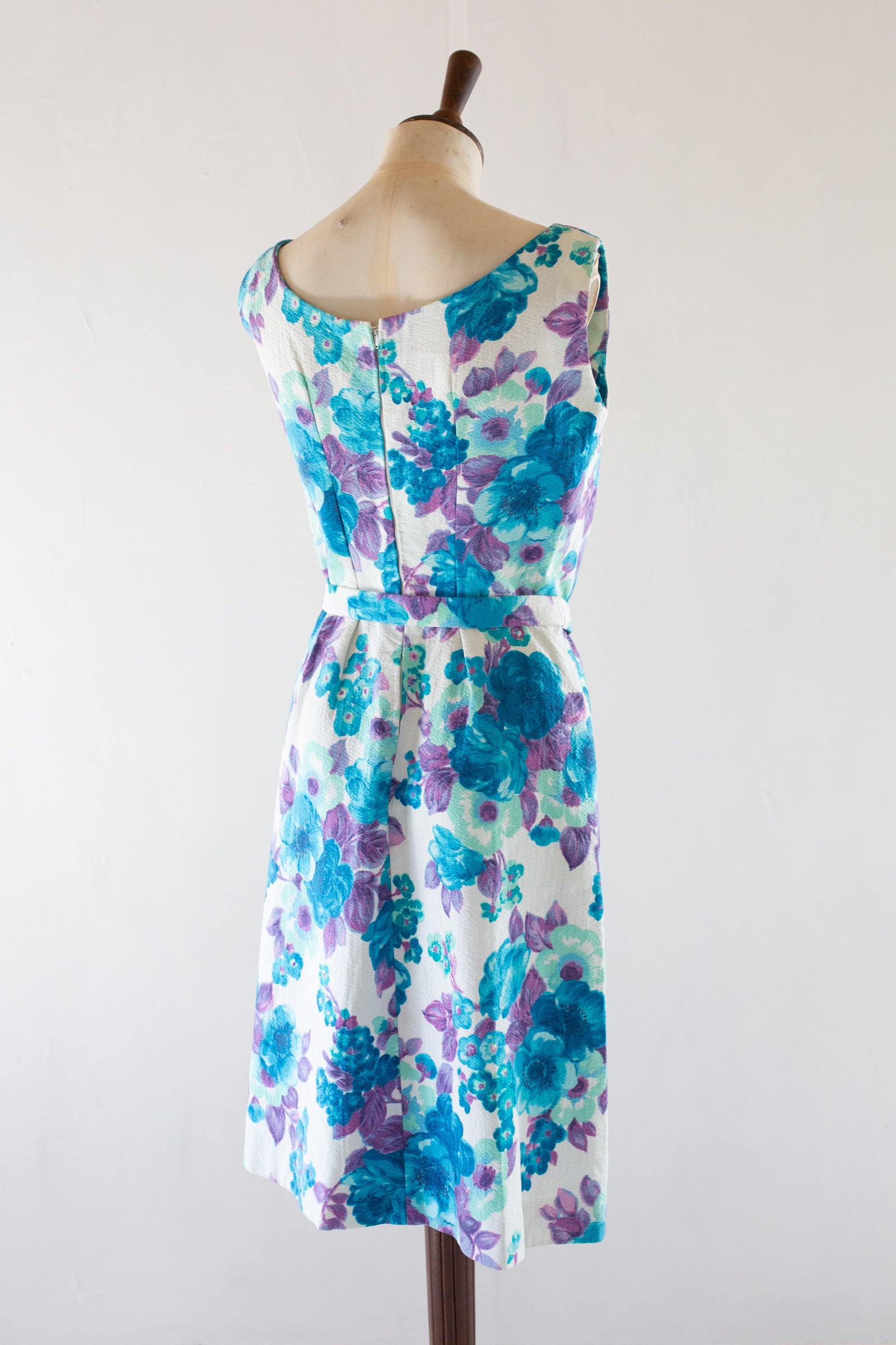 Vintage 1960s Blue Floral Cotton Dress