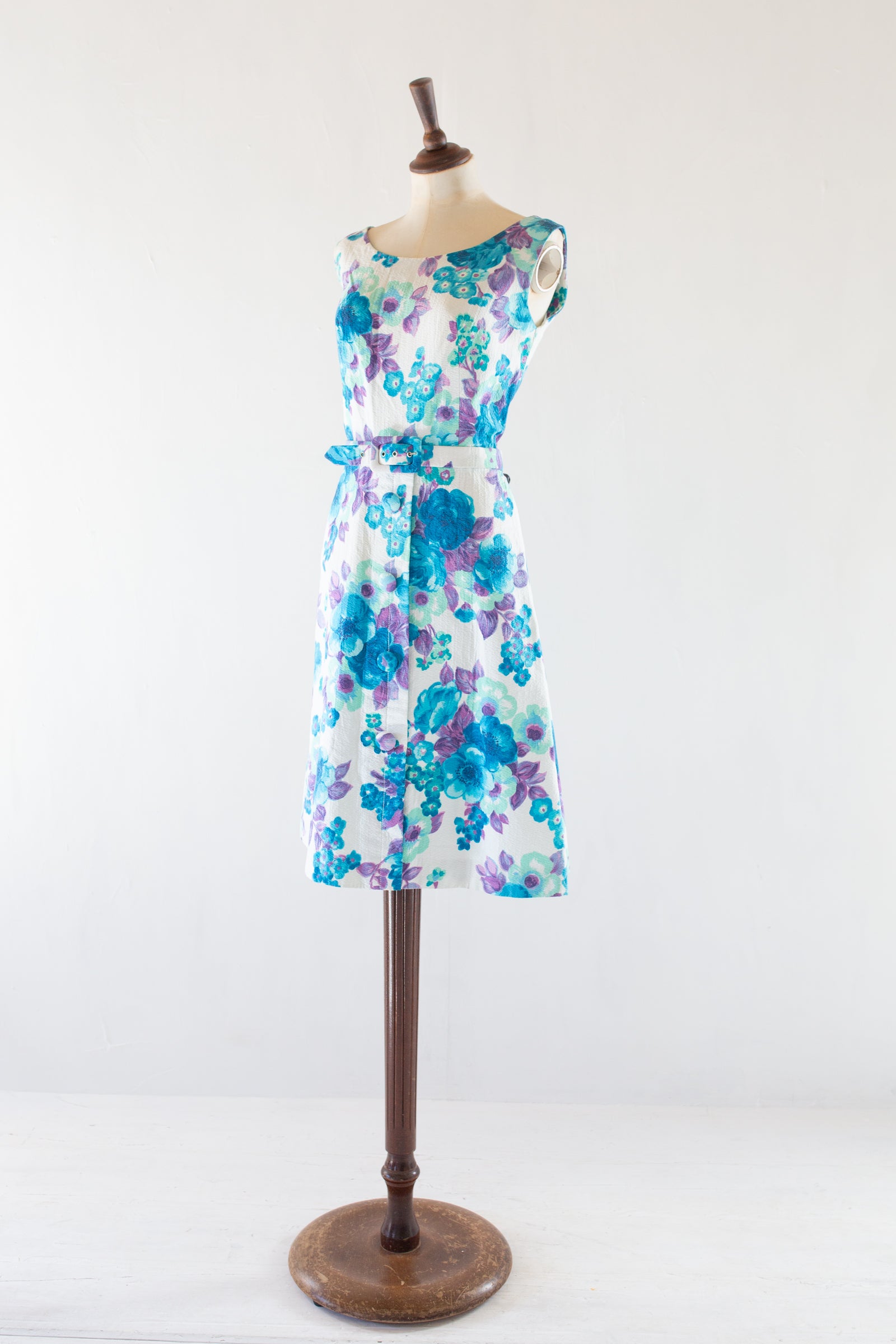 Vintage 1960s Blue Floral Cotton Dress