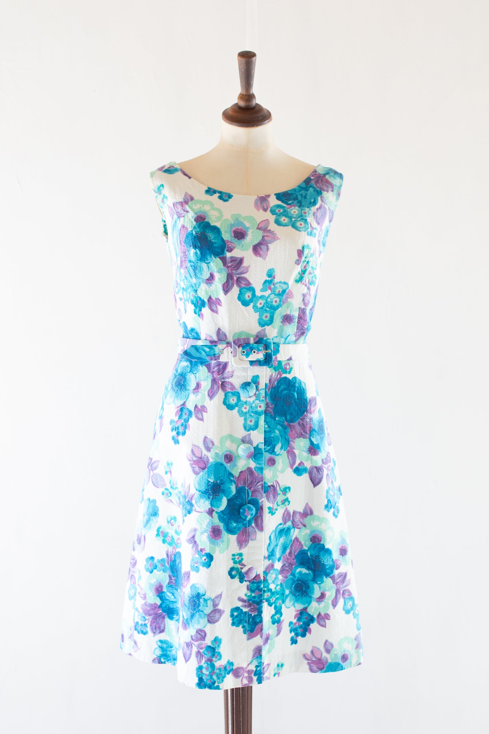 Vintage 1960s Blue Floral Cotton Dress