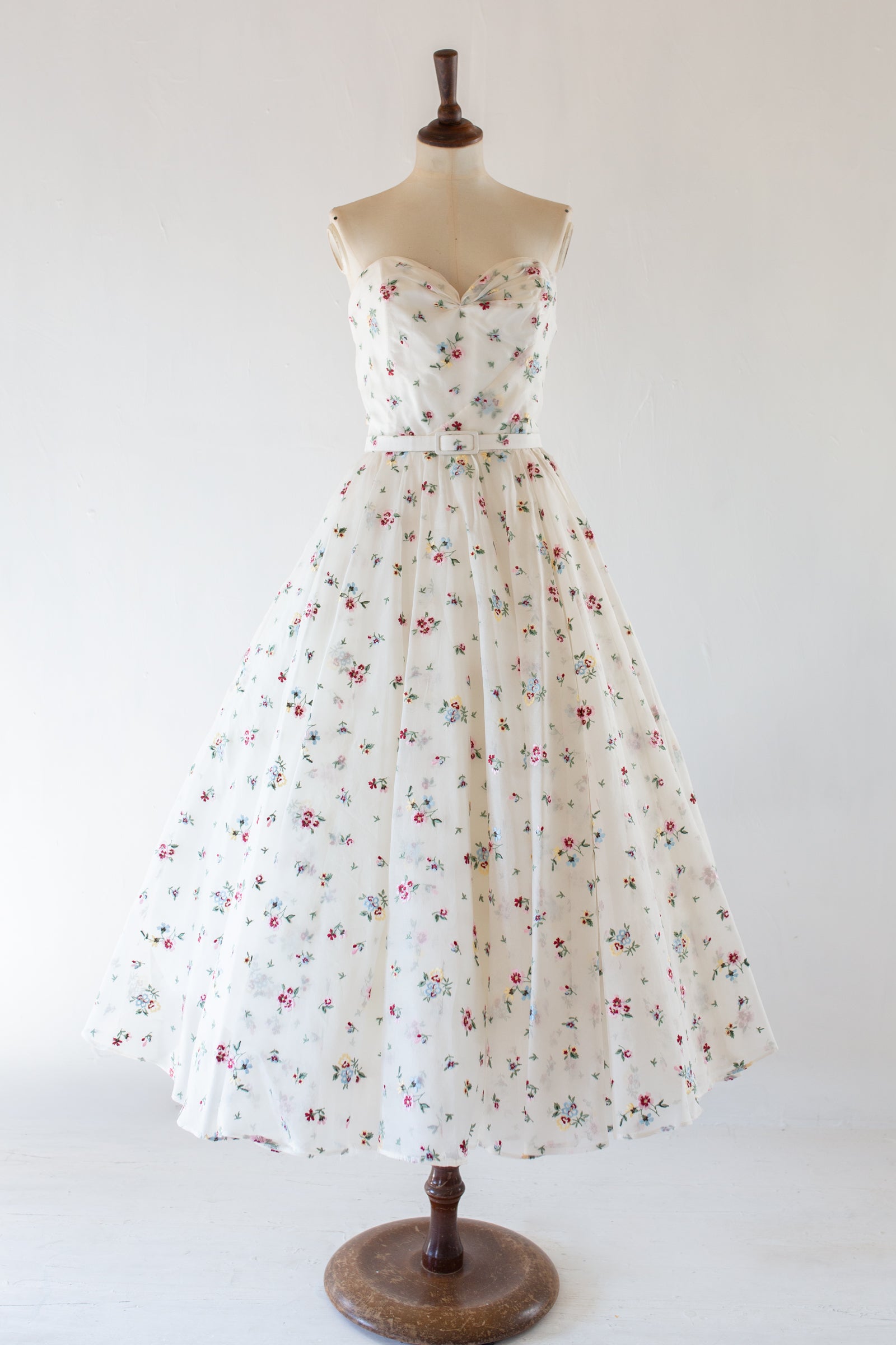 white floral silk embroidered spring wedding dress with full ballerina skirt by Alexandra King