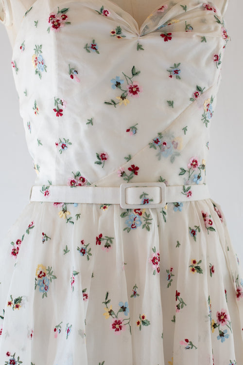 white floral silk embroidered spring wedding dress with full ballerina skirt by Alexandra King