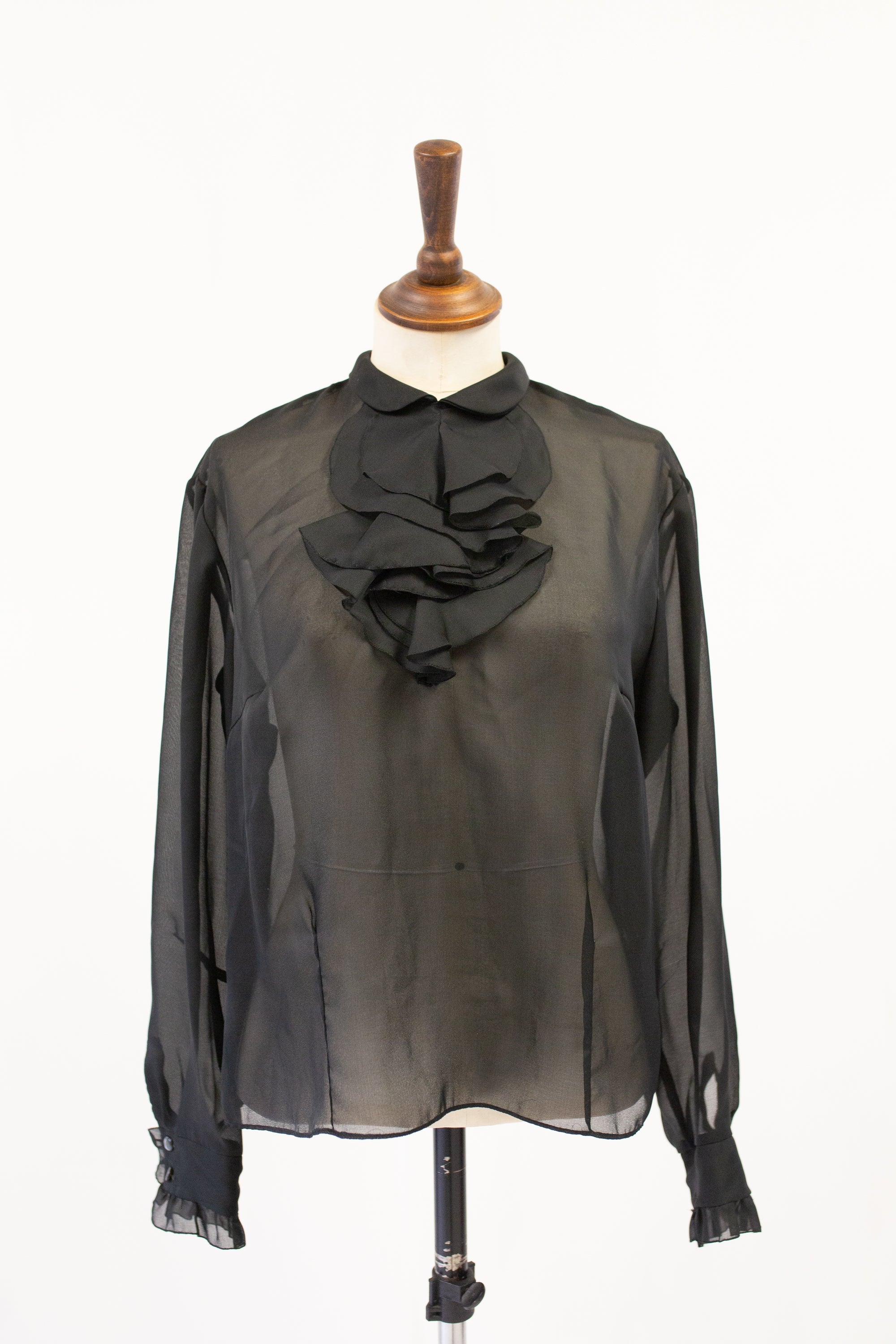 Vintage 1970s Sheer Black Ruffle Blouse
