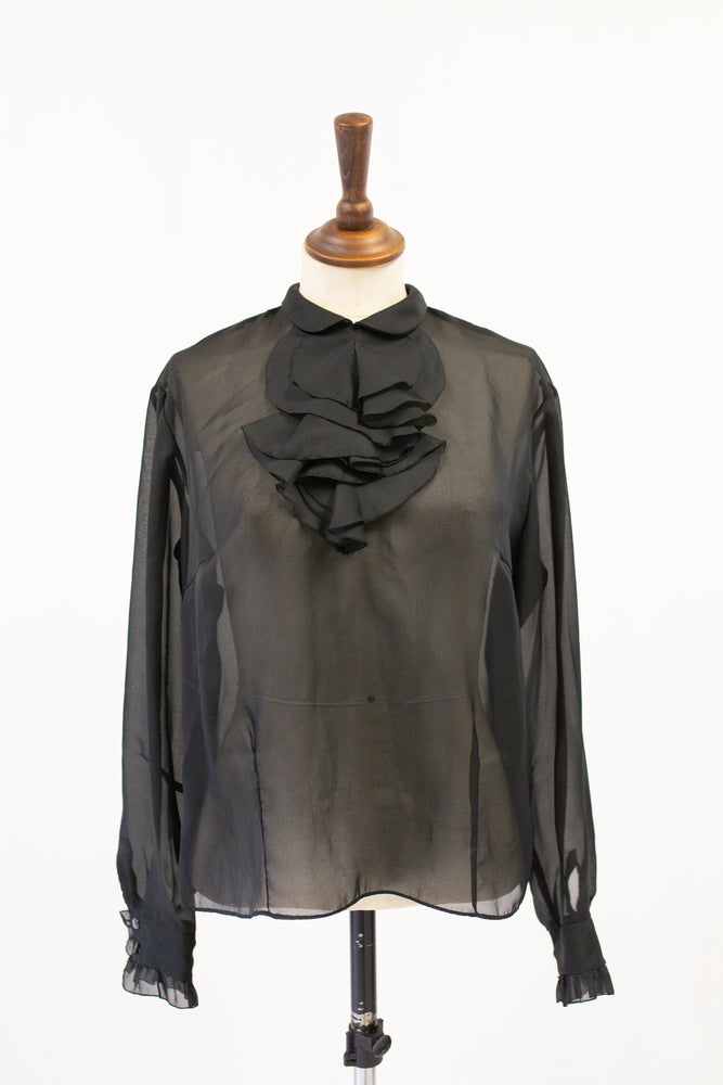 Vintage 1970s Sheer Black Ruffle Blouse