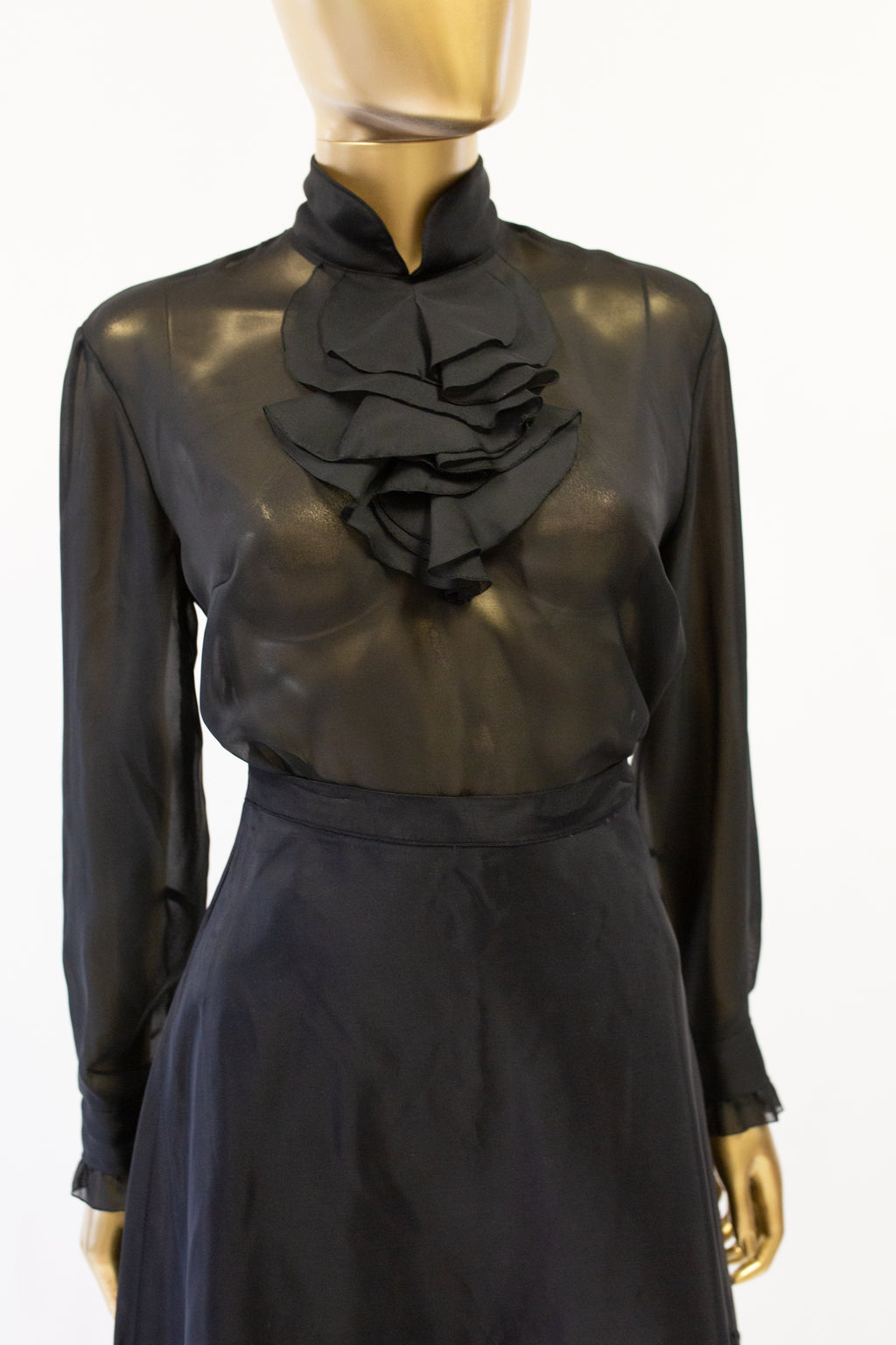 Vintage 1970s Sheer Black Ruffle Blouse