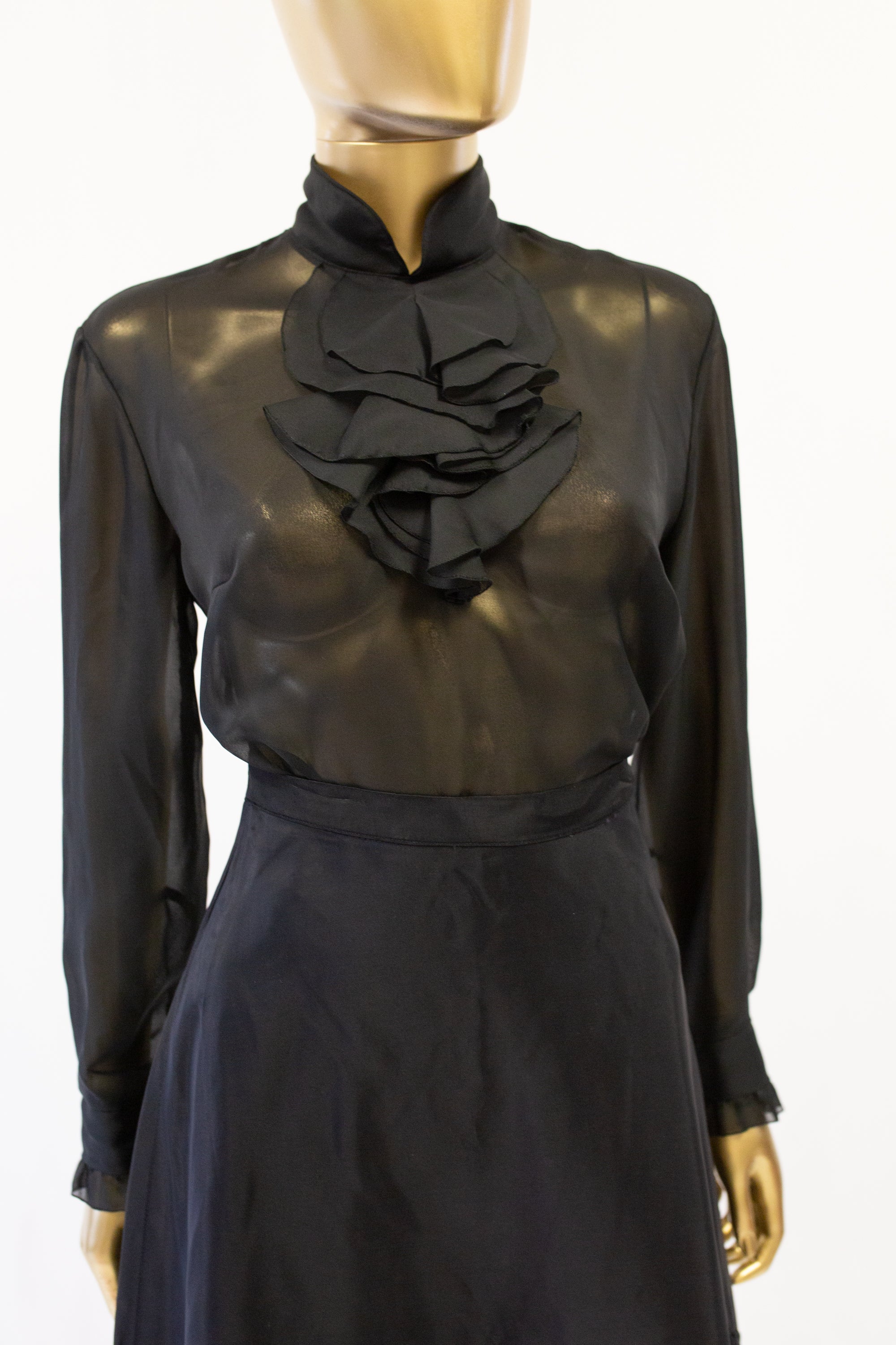 Vintage 1970s Sheer Black Ruffle Blouse