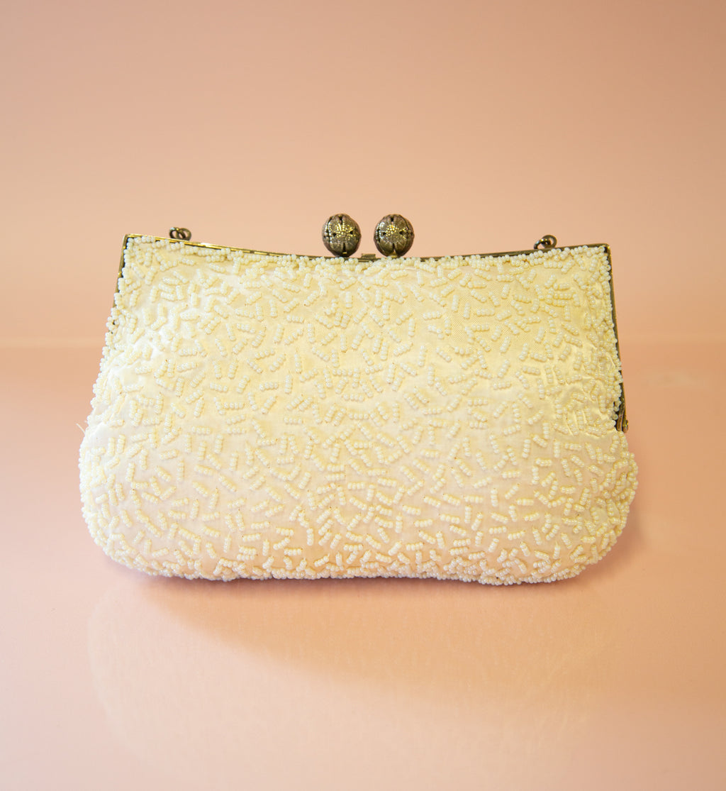 Vintage 1950s Pearl White Rhinestone Evening Bag