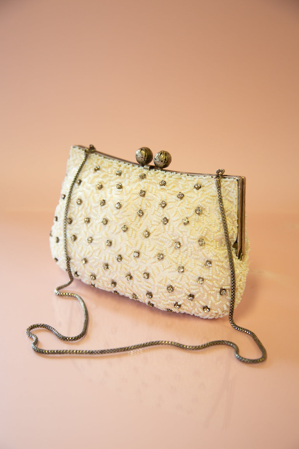 Vintage 1950s Pearl White Rhinestone Evening Bag